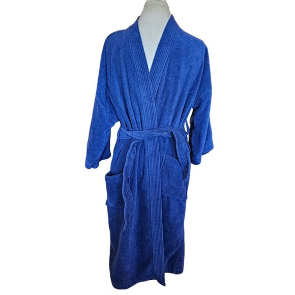 Mens 80s Terrycloth Robe Blue Size S/M Cotton USA Knee Length Pockets Retro - Picture 8 of 8